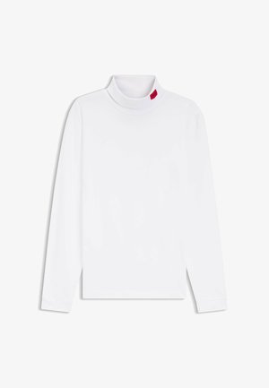 White long-sleeve turtleneck shirt made of smooth fabric. Features a high collar and a small red label at the neck. Simple, clean design.