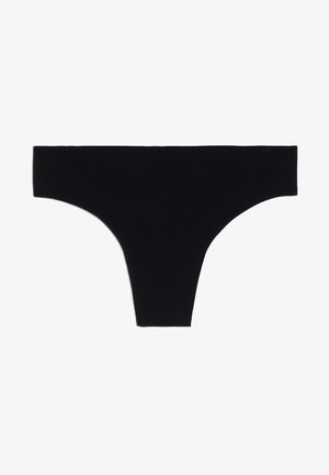 Schwarze Thong-Unterwäsche aus weichem, dehnbarem Stoff. Verfügt über ein minimalistisches Design mit einem schmalen Bund und nahtlosen Kanten.