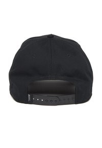 Black baseball cap with a smooth fabric texture, adjustable snapback closure, and subtle branding on the back.