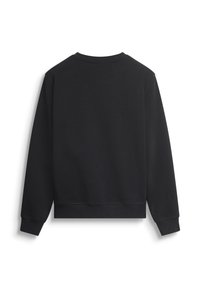 Felpa nera a girocollo realizzata in un tessuto morbido, caratterizzata da una vestibilità comoda e polsini e orlo a coste. Texture liscia senza motivi visibili.