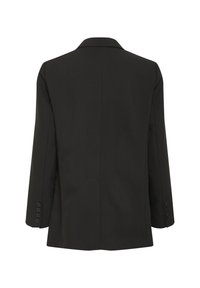 Černý blazer s hladkým materiálem, vybavený klopovým límcem a dlouhými rukávy, zdobený jedním řadou knoflíků na každém manžetě.