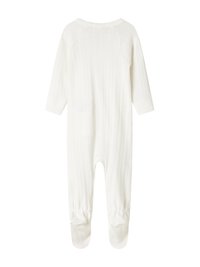 Fotsydd one-piece i mjukt, ribbat tyg; färgen är vit. Har långa ärmar, en rund halsringning och samlade mudd vid anklarna.