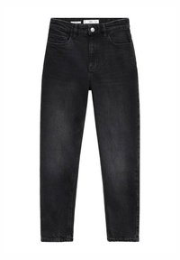 Jean noir taille haute slim-fit avec bouton frontal, fermeture éclair et design cinq poches, posé à plat sur fond blanc.