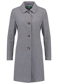 Grå ullkappa med krage, framknäppning och långa ärmar. Har fem bruna knappar och en rak sydd design.