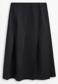 Jupe noire trapèze avec un pli avant subtil, longueur genou, en tissu lisse sur fond blanc.