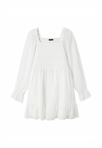 Weißes Kleid mit quadratischem Ausschnitt, gerafftem Oberteil, langen Puffärmeln und gewelltem Saum. Hergestellt aus leichtem Stoff.