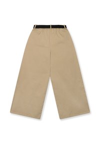 Pantalons beige à jambe large avec une ceinture élastique noire et une texture en coton lisse, offrant une silhouette propre et structurée.