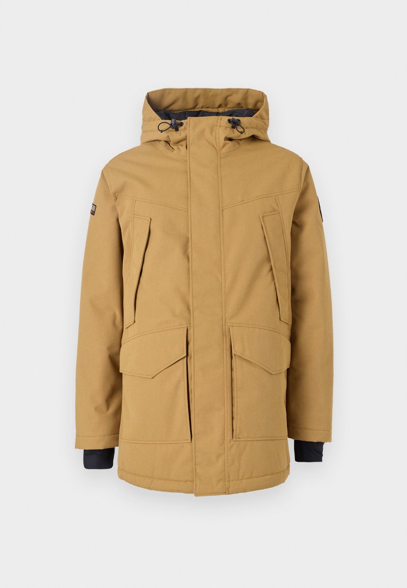 Chaqueta con capucha marrón, con dos grandes bolsillos frontales, cierre con cremallera y puños elásticos. Hecha de una tela duradera con una textura suave.