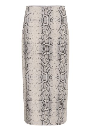 Slangeprint blyantskirt i beige og sort, med en tætsiddende design og glat tekstur. Stoffet efterligner slangeskinds mønster med diskrete detaljer.