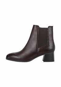 Braune Leder-Ankle-Boots mit glänzender Oberfläche, elastischen Seiteneinsätzen und einem strukturierten Krokodilmuster am Absatz, ausgestattet mit einem Blockabsatz.