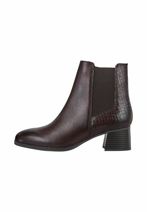 Brown leather ankle boot with a glossy finish, elastic side panels, and a textured crocodile pattern on the heel, featuring a block heel.