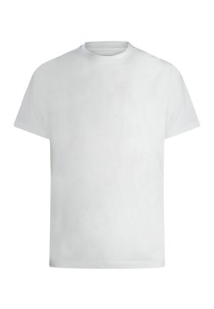 Gładki biały t-shirt z krótkim rękawem i okrągłym dekoltem, o regularnym kroju, przedstawiony na białym tle.