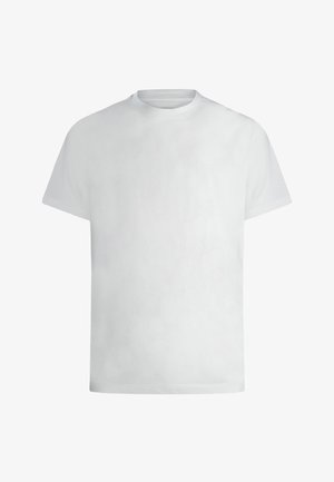 Camiseta blanca lisa de manga corta con cuello redondo y ajuste regular, presentada contra un fondo blanco.