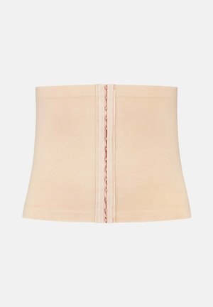 Beige midsection shaper with a smooth texture, featuring a central seam with hooks. Structured design, form-fitting and seamless edges.