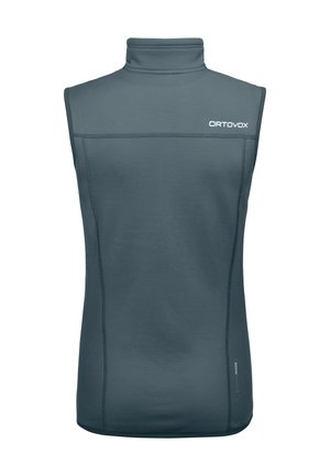 Sleeveless turtleneck vest in dark teal, made from soft fabric with a smooth texture. Features flat seams and subtle branding detail.