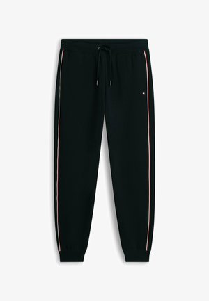 Pantalones jogger negros con franjas laterales blancas y rojas, cintura elástica con cordón y tobillos elásticos.
