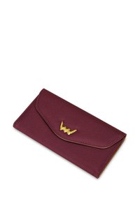 Burgundy leather wallet with textured surface, snap closure, and gold accents on the front. Features a pointed flap design.