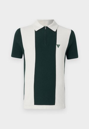 Polo riscas verdes e brancas com colarinho com fecho zip, tecido texturizado e pequeno logótipo triangular no lado esquerdo do peito.