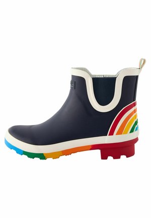 Stivale in gomma blu navy con rifiniture bianche e accento arcobaleno sul tallone. Texture liscia, suola colorata e pannelli elastici laterali.