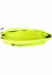 Neon žlutá síťovaná taštička se zipem, obsahující vnitřní kapsu a grafický design na jedné straně. Lehký a flexibilní materiál.