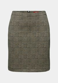 Jupe droite taille haute avec motif pied-de-poule noir, beige et marron, fermeture éclair frontale et détail subtil d'étiquette rouge.