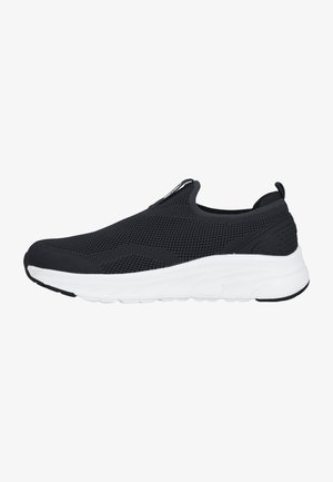 Black slip-on sneaker made of breathable mesh, featuring a thick white sole, textured accents, and a padded collar for comfort.
