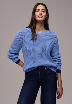 Žena s dlouhými tmavými vlasy, oblečená v světle modrém pleteném svetru a tmavě modrých džínách, stojící před jednobarevným pozadím.