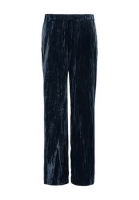 Navyblauwe fluwelen wijde broek met een textuurafwerking. Beschikt over een elastische tailleband en subtiele verticale strepen voor extra detail.