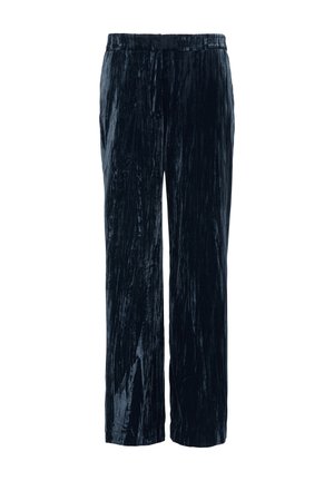 Navyblauwe fluwelen wijde broek met een textuurafwerking. Beschikt over een elastische tailleband en subtiele verticale strepen voor extra detail.