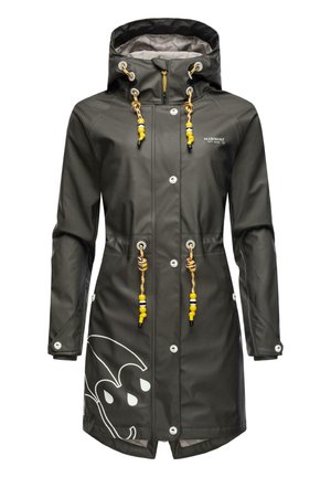 Black waterproof raincoat with a hood, metallic buttons, adjustable drawstrings with yellow beads, and a white graphic design on the front.