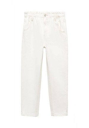 Pantalon blanc à taille élastique, jambes droites, poches avant et fermeture par boutons, présenté sur un fond uni.