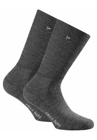 Zwei Paar anthrazitfarbener Socken mit einem gerippten Textur, die ein Logo-Patch oben und "fibre light" auf der Sohle gedruckt haben.