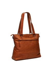 Borsa a tracolla in pelle marrone con doppi manici, chiusura superiore a zip e tasca posteriore con zip. Texture liscia con dettagli cuciti.