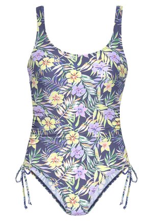 Blumen-Einteiliger Badeanzug mit lila, gelben und grünen Mustern auf einem navy-blauen Hintergrund. Verfügt über verstellbare Seitenbänder für die Passform.