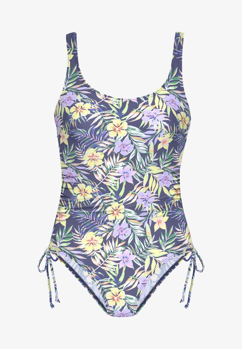 Cvetni enodelni kopalni kostim s vzorci v vijolični, rumeni in zeleni barvi na temno modri podlagi. Ima nastavljive bočne vozle za prilagajanje.