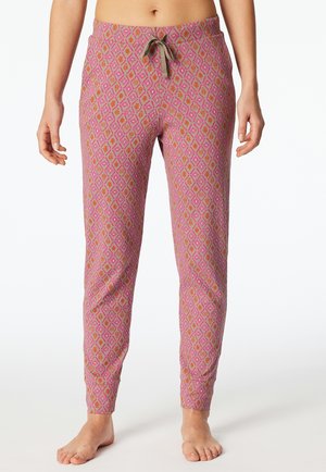 Multicolored pajama pants featuring a diamond and leaf pattern, with a drawstring waistband and tapered legs in soft, lightweight fabric.