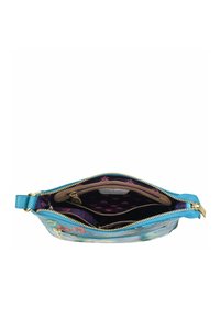 Reißverschlussbeutel in Türkis mit floralem Design und einem gemusterten lila Innenraum. Goldene Beschläge und zwei Fächer zur Organisation.