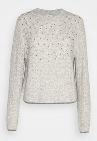 Hellgrauer Pullover mit strukturiertem Strickmuster und metallischen Akzenten. Verfügt über einen Rundhalsausschnitt sowie gerippte Bündchen und Saum.