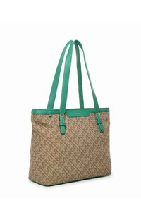 Borsa tote beige con motivo a monogramma, manici e rifiniture in pelle verde, forma rettangolare e due manici regolabili.