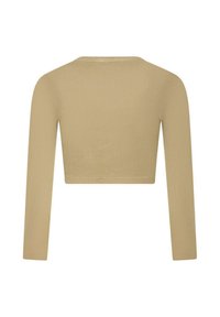 Haut à manches longues, court, en tissu côtelé beige clair avec un col rond et une texture subtile, offrant une silhouette ajustée.