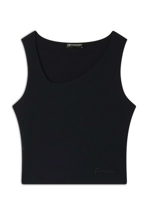 Top corto nero a costine con scollatura ampia e design senza maniche. Tessuto morbido con un sottile dettaglio del logo in basso a sinistra.