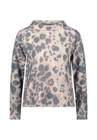 Sweter w leopardzie w odcieniach beżu i szarości, z wysokim kołnierzem, długimi rękawami raglanowymi i miękkim, teksturowanym materiałem.