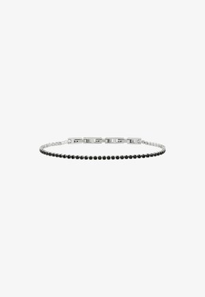 Pulsera de plata con acentos de cristal negro, que presenta un diseño elegante y segmentos metálicos alternos para crear contraste. Cierre ajustable.