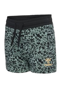 Blommig tryckshorts med mintgrön bakgrund och svarta blommor, en elastisk svart midja och en liten detalj med guldlogotyp.
