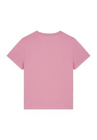 Kurzarm-T-Shirt mit Rundhalsausschnitt aus weichem pinken Baumwollstoff. Einfaches Design mit sauberem Abschluss und ohne sichtbare Logos oder Muster auf der Rückseite.