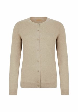 Beige langærmet skjorte cardigan med rund hals og ribbede manchetter og kant, præsenteret på en hvid baggrund.