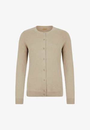Beige långärmad knapplistad cardigan med rund hals och ribbad mudd och fåll, uppställd mot en vit bakgrund.
