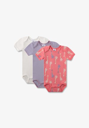 Drei Babybodys: ein weißer, ein lila mit kurzen Ärmeln und ein rosafarbener mit einem Giraffenmuster. Aus weichem Baumwollstoff.