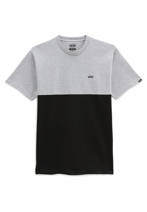 Gray and black color-blocked t-shirt with short sleeves, logo printed on the chest, cotton material, crew neck design.