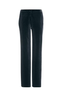 Zwarte rechte broek met een hoge taille en zonder zichtbare zakken of versieringen, weergegeven op een witte achtergrond.